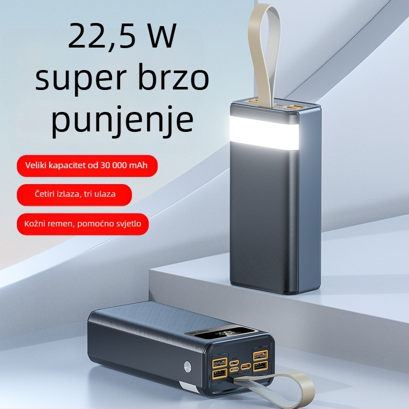 Power Bank 30000 mAh, PD 22,5W brzo punjenje, s trakom za nošenje, prijenosno napajanje