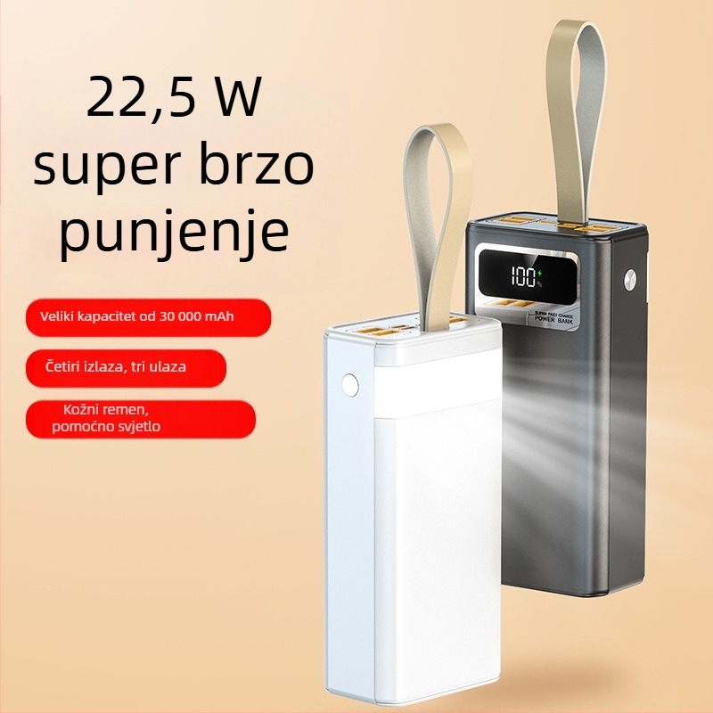 Power Bank 30000 mAh, PD 22,5W brzo punjenje, s trakom za nošenje, prijenosno napajanje