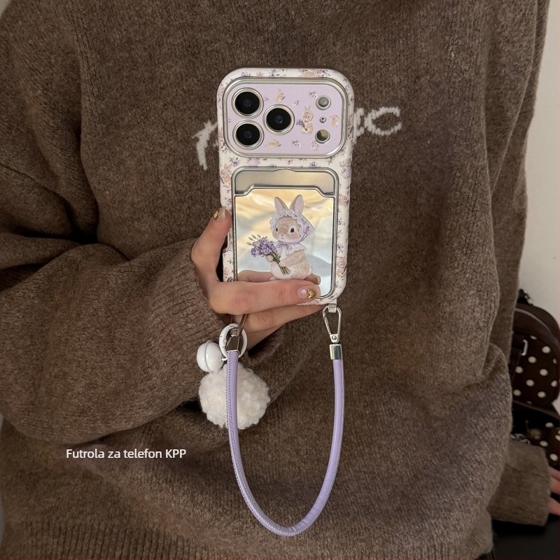 KPP futrola za iPhone s ogledalom, proljetni ljubičasti cvjetni uzorak, mali zeko