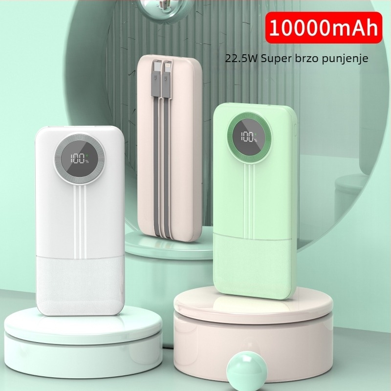 Power banka s ugrađenim kabelom, 20 000 mAh, prenosiva velika kapacitet, brzo punjenje, s digitalnim prikazom razine baterije.