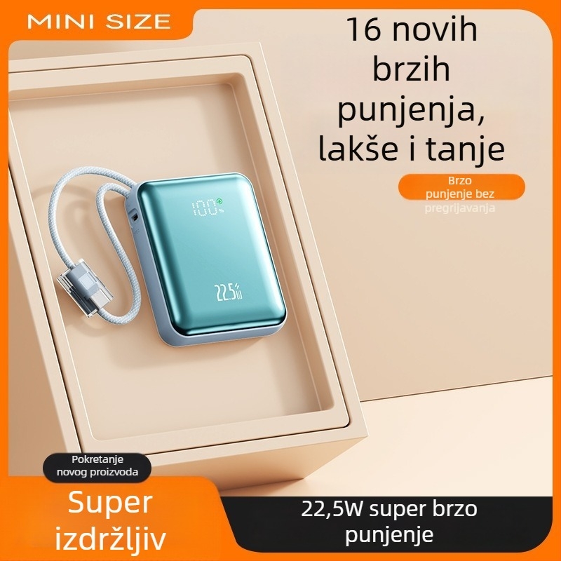 Mini vanjska baterija 10000mAh s ugrađenim pletenim kabelom i PD 2.0 brzim punjenjem