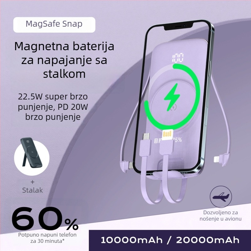 Magsafe bežični magnetski power bank 20000 mAh, s integriranim držačem za četiri kabela