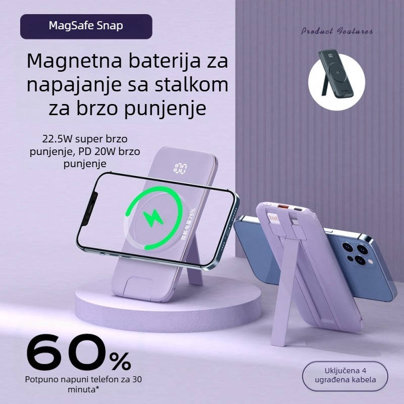 Magsafe bežični magnetski power bank 20000 mAh, s integriranim držačem za četiri kabela
