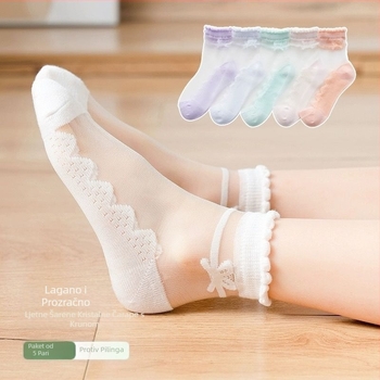 Dječje ljetne tanke čarape za djevojčice s mašnicom, princeski stil, kristalne detalje, prozirni Ice Silk, pamukova podloga