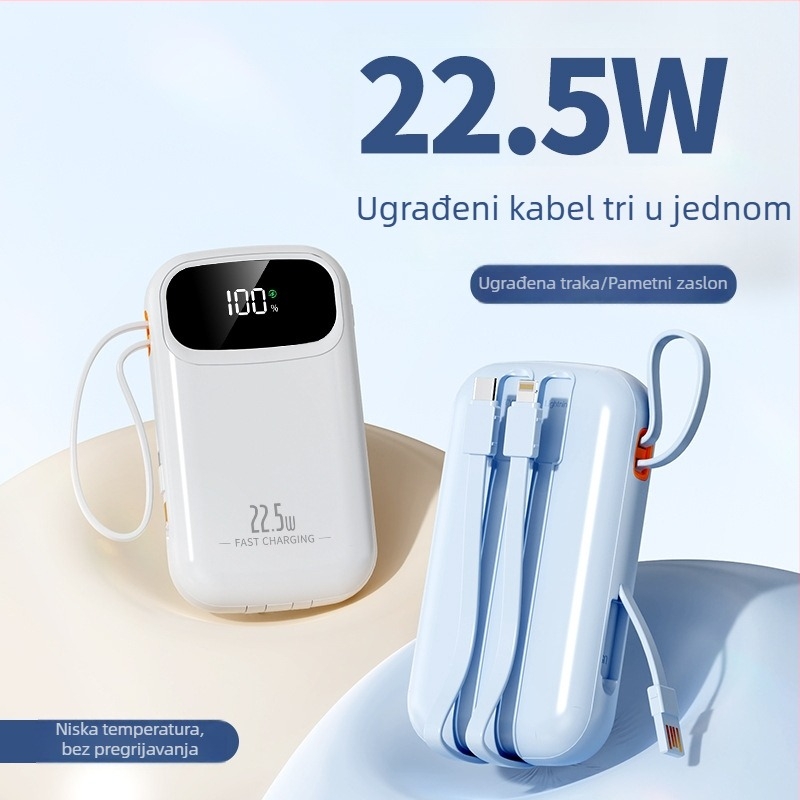 Power bank s ugrađenim kabelom, 22,5W brzo punjenje, prijenosan, kapaciteta 10000 mAh, prilagođeni logo