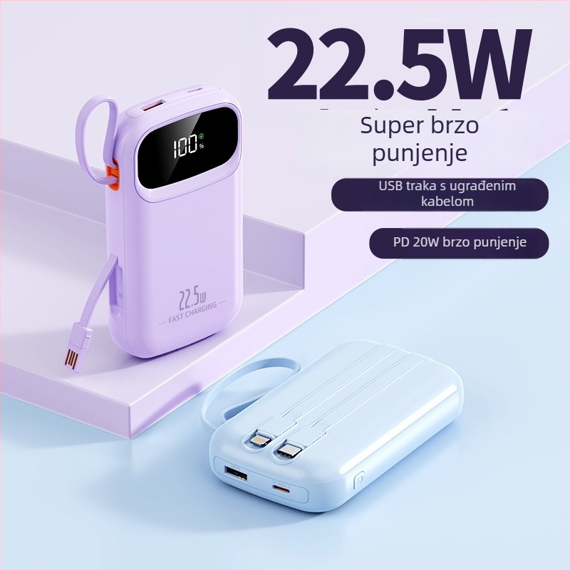Power bank s ugrađenim kabelom, 22,5W brzo punjenje, prijenosan, kapaciteta 10000 mAh, prilagođeni logo