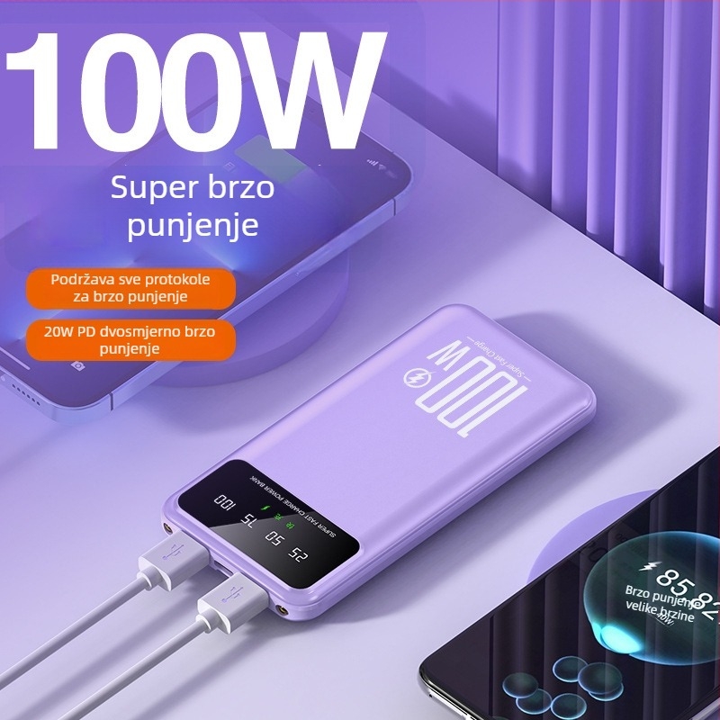 KC Prijenosna banka za napajanje s integriranim kabelom, 20.000 mAh, 100W PD brzo punjenje, velika kapaciteta, prijenosna, prilagodljiva