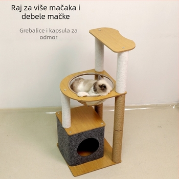 Drveno stablo za mačke s gnijezdom i grebalicom, kolomna mačja vila i trodimenzionalna penjačka platforma