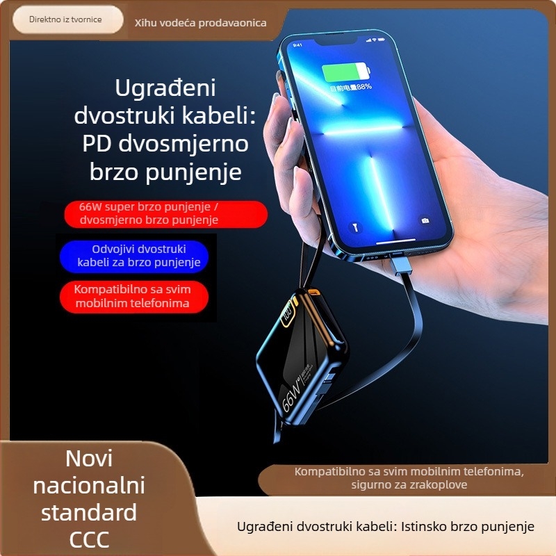 Power Bank 10000mAh s ugrađenim kabelom, kompaktne veličine, visok kapacitet, cartoon-stil, PD3.0 brzo punjenje
