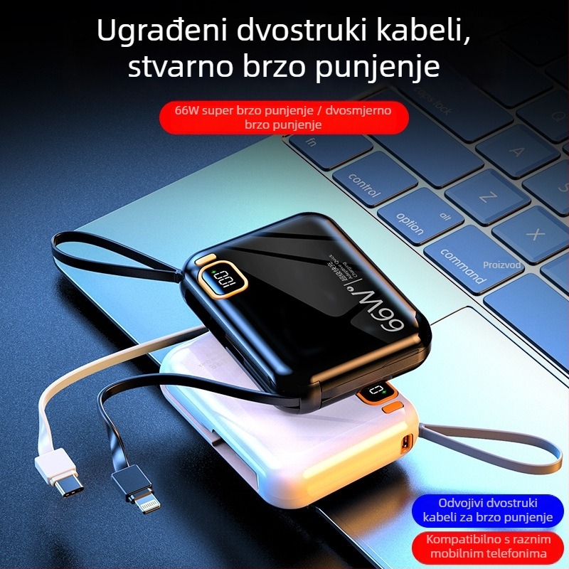 Power Bank 10000mAh s ugrađenim kabelom, kompaktne veličine, visok kapacitet, cartoon-stil, PD3.0 brzo punjenje