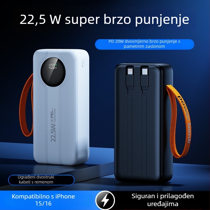 Vanjska baterija 50 000 mAh s digitalnim zaslonom, ugrađen kabel i USB izlaz, brzo punjenje