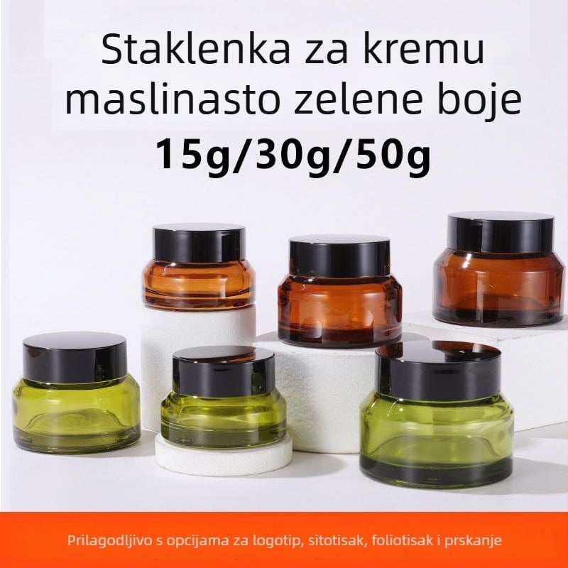 Staklena boca za krem s kosim ramenom u maslinasto zelenoj i čaj boji za kozmetiku, losion i kremu za oči