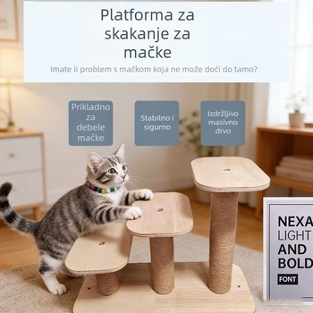 Drveni mačji toranj u stilu stepenica, s integriranim sisal-postom za grebanje, policom za mačke, platformom za skok i igračkom s ljestvama