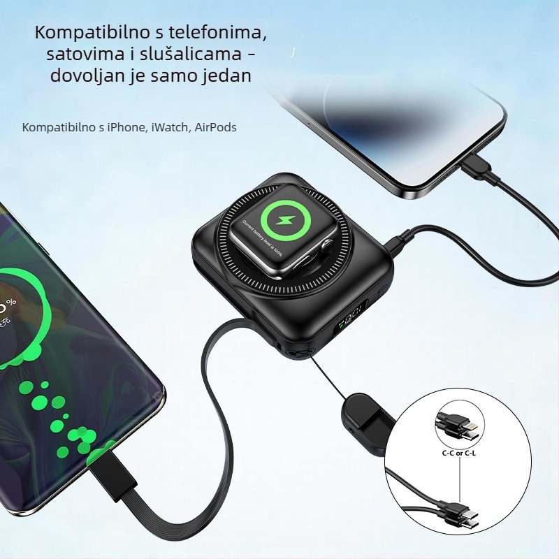 Power banka tri u jednoj s brzim punjenjem i magnetskim punjenjem, 10000 mAh, uz kabel, za telefone, slušalice i satove