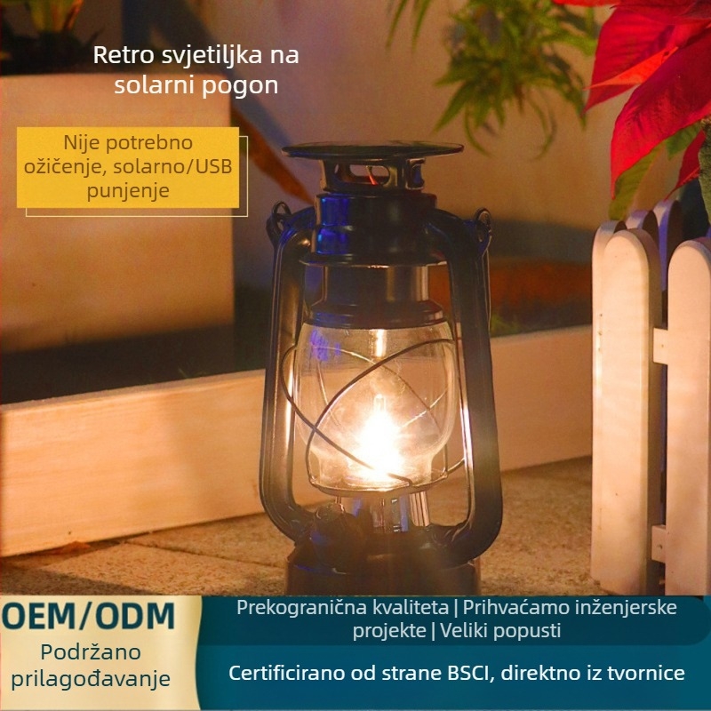 Solarni stakleni fenjer za kampiranje – vodootporan vanjski fenjer, napajanje solarnom energijom, atmosfersko svjetlo za šator, kerosenska lampe stil