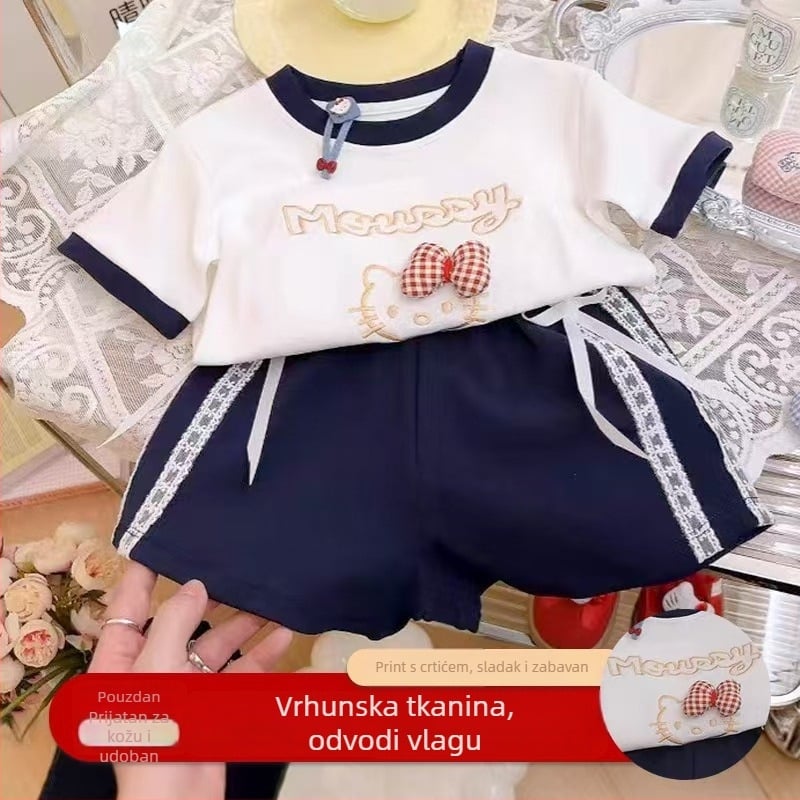 Dječji dvodijelni set od 100% pamuka s kratkim rukavima, majica s mašnicom i šorti