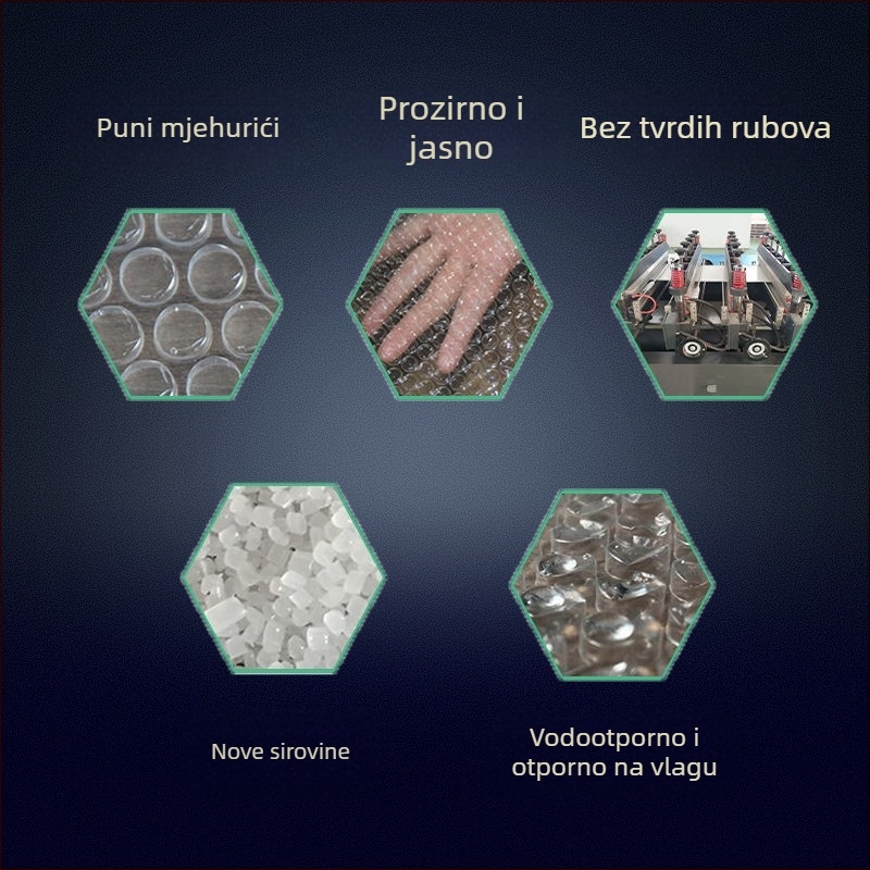 Rolna mjehurične folije – novi materijal za pakiranje, širina 20 cm, duljina 45 m, debljina 4 mm, srednje velike mjehuriće, promjer mjehurića 1 cm, prozirno, za pakiranje i transport.