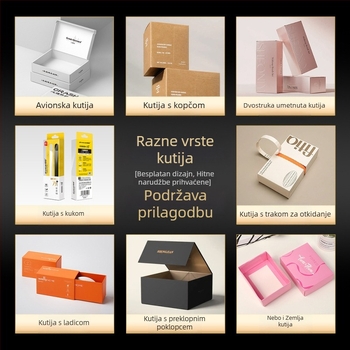 Prilagođeno pakiranje kozmetike: vanjska kutija od bijelog kartona, kutija s ušicama za kačenje, prozor, valovita kutija u stilu aviona