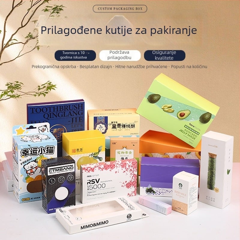 Prilagođeno pakiranje kozmetike: vanjska kutija od bijelog kartona, kutija s ušicama za kačenje, prozor, valovita kutija u stilu aviona