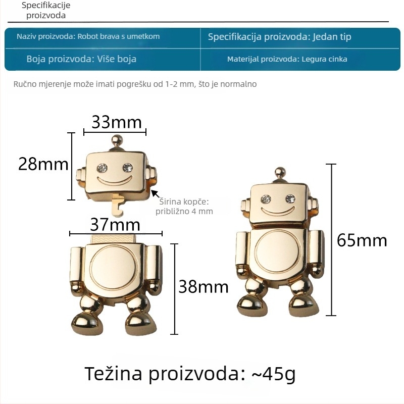 Zatvarač u obliku robota od cinkovog legura, vanjski promjer 65 mm, za torbe i kutije