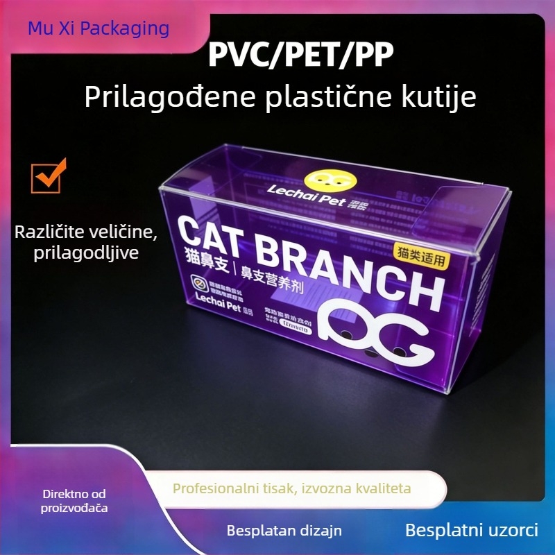 PVC/PET/PP plastična kutija za pakiranje poslastica za kućne ljubimce, u boji tiska, prilagodljiva, s poklopcem, moguć ispis logotipa