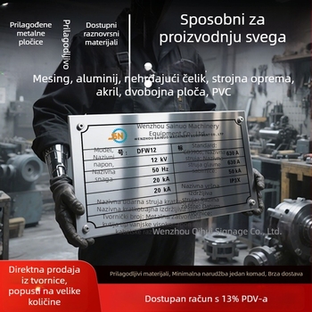Metalne naljepnice za opremu s prilagođenim logom; materijali: nehrđajući čelik, aluminij, mesing, akril ili PVC; dvobojne ploče za brendiranje i označavanje; UV označavanje i tiskanje.