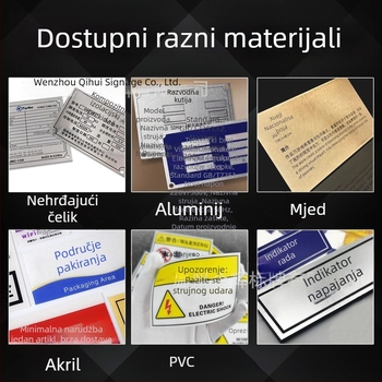Metalne naljepnice za opremu s prilagođenim logom; materijali: nehrđajući čelik, aluminij, mesing, akril ili PVC; dvobojne ploče za brendiranje i označavanje; UV označavanje i tiskanje.