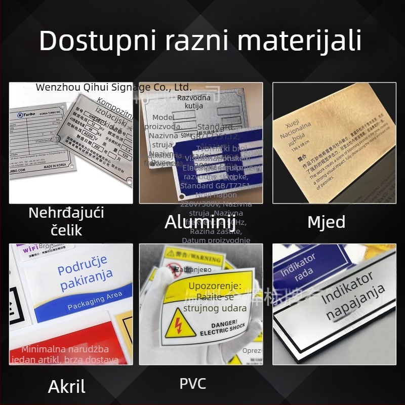 Metalne naljepnice za opremu s prilagođenim logom; materijali: nehrđajući čelik, aluminij, mesing, akril ili PVC; dvobojne ploče za brendiranje i označavanje; UV označavanje i tiskanje.