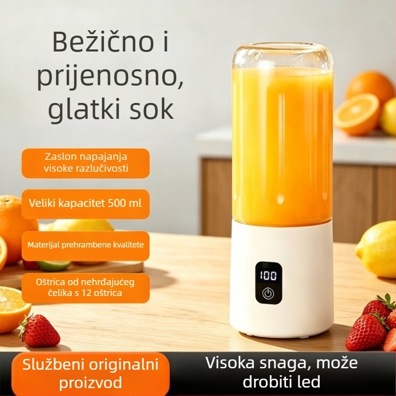 Prijenosni, punjivi, višenamjenski kućni sokovnik u čaši; mala posudica; može usitniti led i iscijediti sok od voća i povrća.
