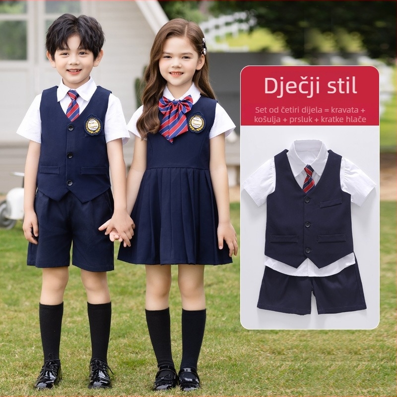 Proljetno-ljetni engleski akademski stil vrtić uniforma za dječake i djevojčice, dvodijelna ljetna školska uniforma za učenike, kostim za nastupe zbora