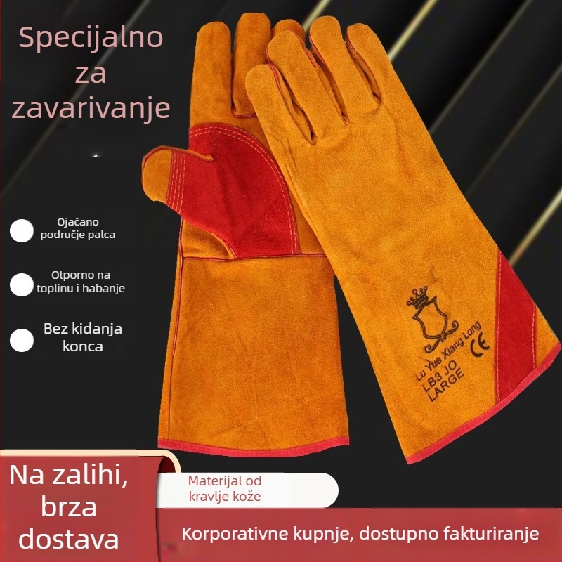 Duge rukavice za zavarivanje od teleće kože, izolirane i otporne na habanje, žuto-crvene detalje