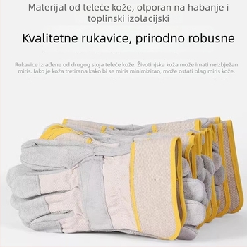 Rukavice za zavarivanje od teleće kože, kratka manžeta, prozračne, otporne na visoke temperature i habanje.