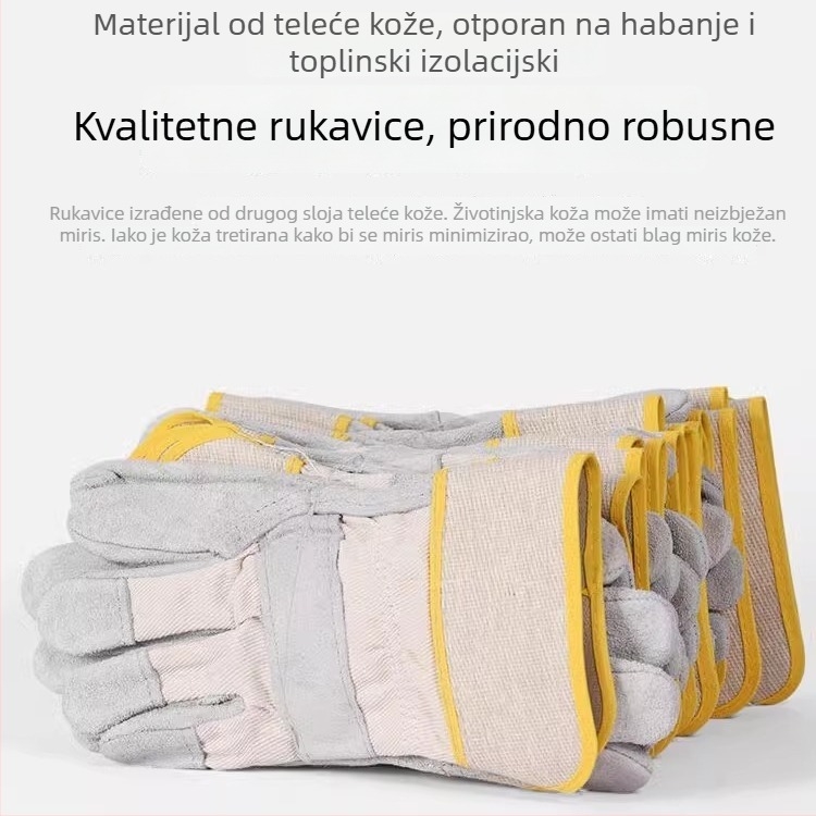 Rukavice za zavarivanje od teleće kože, kratka manžeta, prozračne, otporne na visoke temperature i habanje.