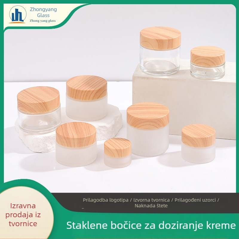 Staklena dozna bočica s drvenim uzorkom i mat završnom obradom, za kreme za lice i područje oko očiju te losion za tijelo, prijenosna kozmetička staklena boca