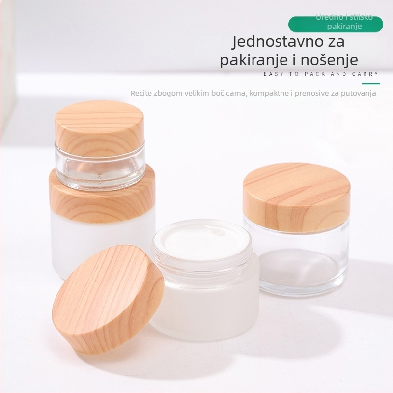 Staklena dozna bočica s drvenim uzorkom i mat završnom obradom, za kreme za lice i područje oko očiju te losion za tijelo, prijenosna kozmetička staklena boca