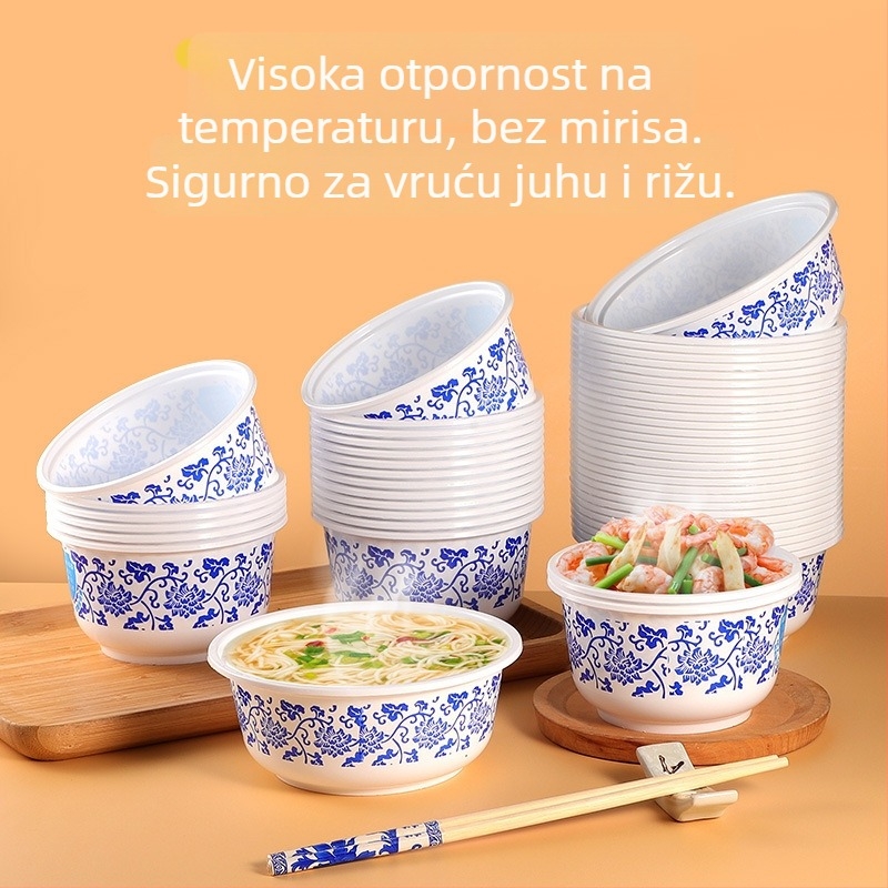 Jednokratna plastična zdjela s luksuznim plavo-bijelim porculanskim dizajnom, otporna na visoke temperature, pogodna za hranu, catering, vjenčanja i kućnu upotrebu