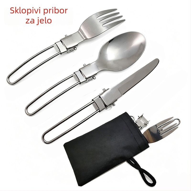 Set pribora za kampiranje od nehrđajućeg čelika, 3-dijeli set s najlonskom futrolom, sklopivi nož, vilica i žlica