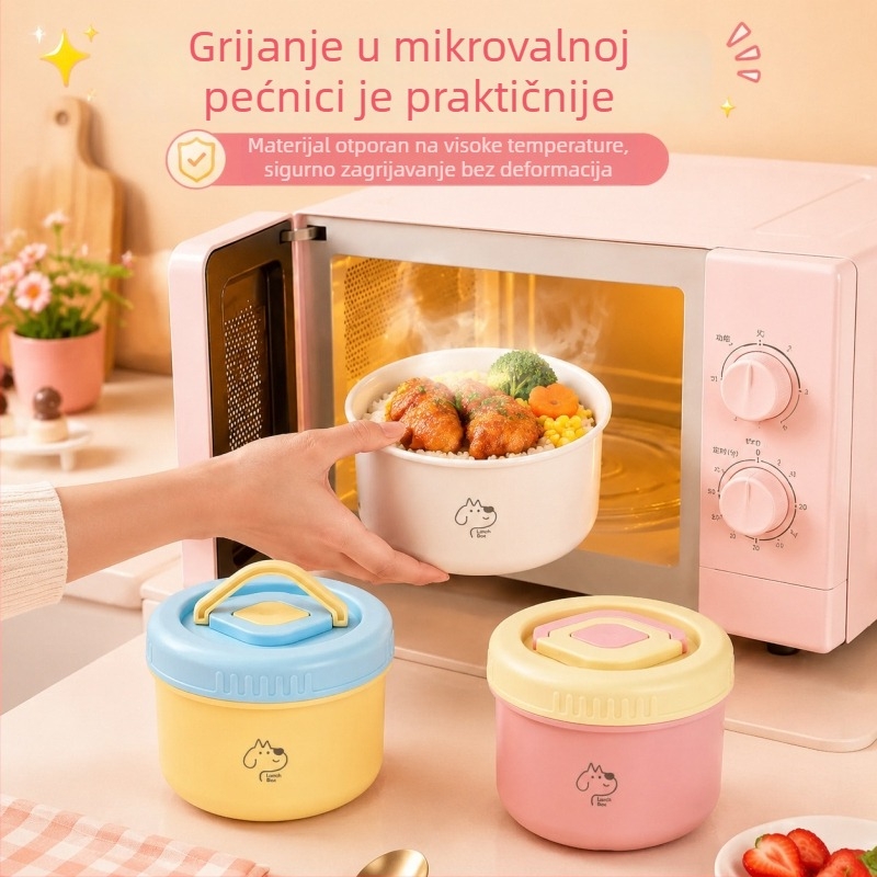 Keramička okrugla kutija za ručak za uredske zaposlenike i studente, kapacitet 1–2 L, jednoslojna, mikrovalna pećnica nije dostupna, prijenosna, moderan minimalistički stil, karikatura uzorak