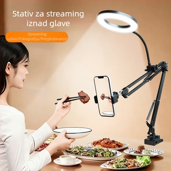 Višenamjenski stalak za livestream s rasvjetom i držačem za telefon iznad stola, za fotografiju i kratke videozapise.