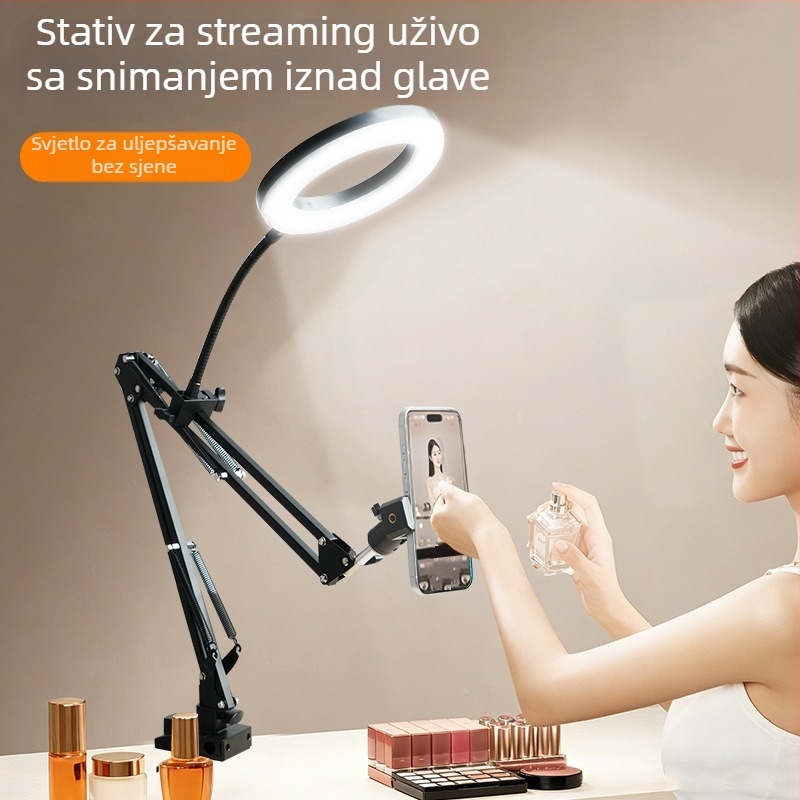 Višenamjenski stalak za livestream s rasvjetom i držačem za telefon iznad stola, za fotografiju i kratke videozapise.