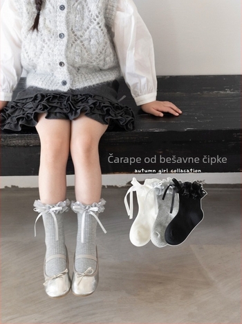 Dječje čarape za djevojčice s mašnicom i čipkom, bezšivne, mid-calf duljine, pamuk 75%, proljeće-jesen 2026