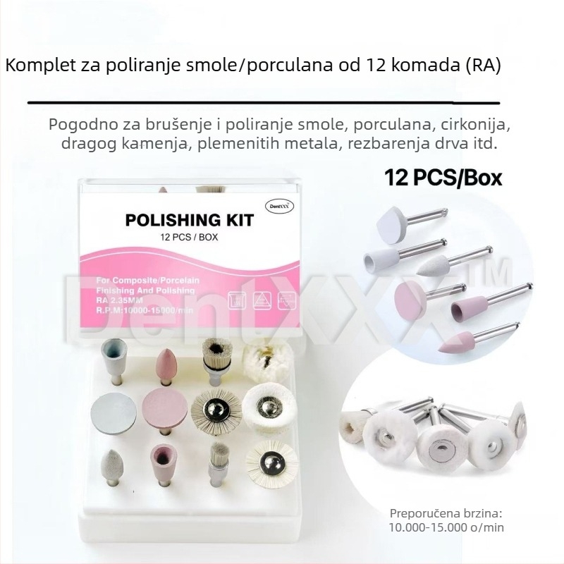 12-dijelni set alata za brušenje i poliranje s ručkom niske brzine, od smole, porculana, cirkonija i metala
