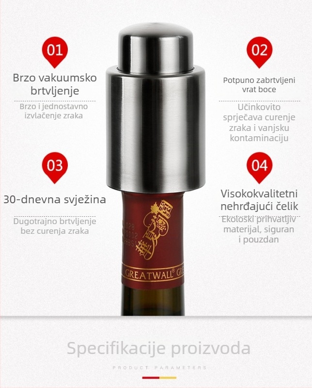 Nehrđajući čelični čep za vino sa vakuumskim zatvaranjem i silikonskim brtvom – čuva vino svježe do 7 dana