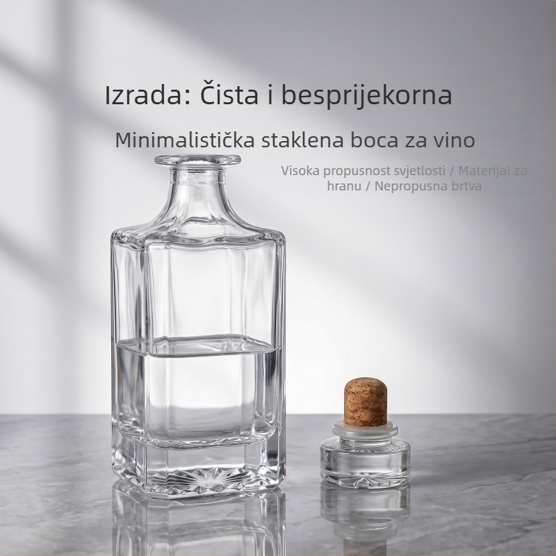 Jednostavna prozirna boca za viski, 750 ml, debelo kristalno bijelo staklo, čep od pluta