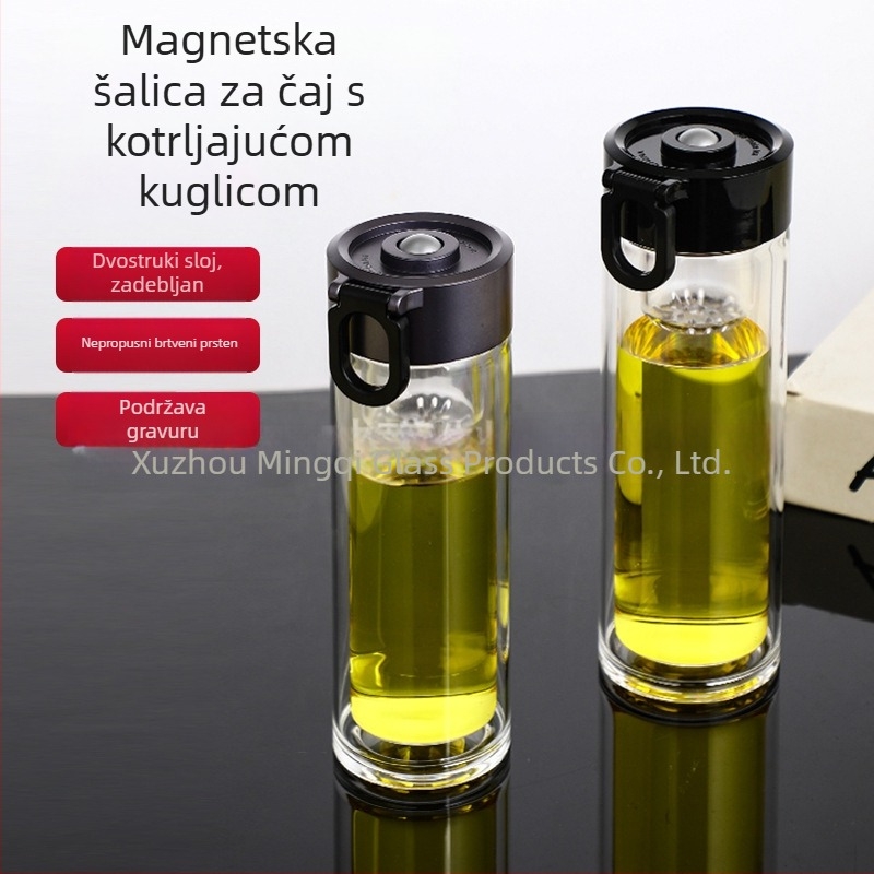 Magnetna šalica za čaj s filtracijom i odjeljivanjem čaja od vode, borosilikatno staklo, dvostruka stijena, otporna na visoke temperature, prijenosna s poklopcem