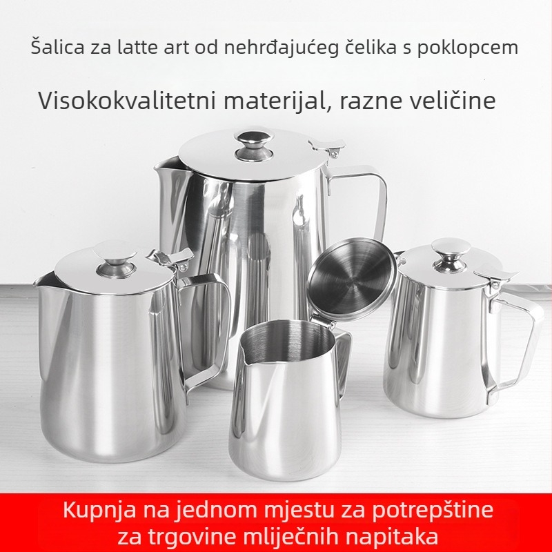 Nerđajući čelik latte art posuda s poklopcem, oštrim izljevom i debelim tijelom