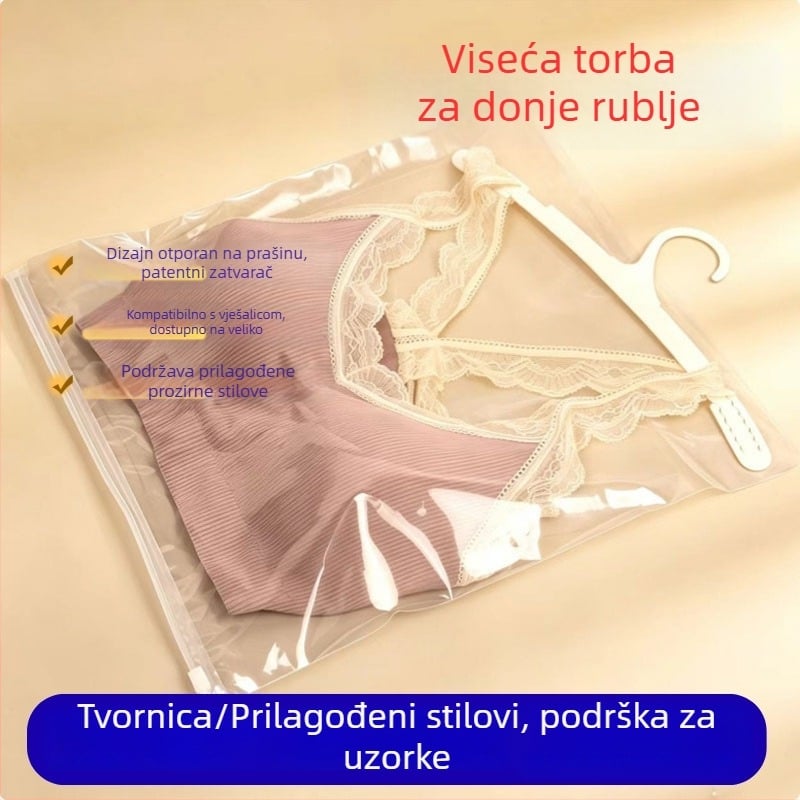 Torba za pohranu ženskog donjeg rublja s kukom za vješanje i zatvaračem, PE materijal, prozirno pakiranje