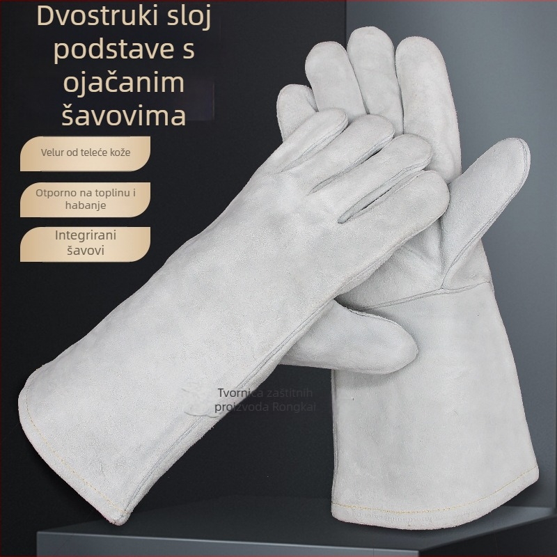 Dvoslojne kožne rukavice za zavarivanje od telja kože, s flis podstavom, dugi manžet, siva, otporne na habanje