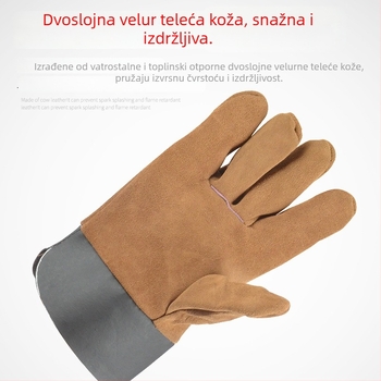 Kratke rukavice za zavarivanje od polubkože, dlaň potpuno kožna, baršunasta podstava, otporne na habanje i toplinska izolaciju