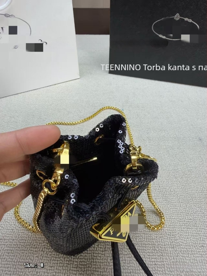 Mini torbica za ruž s lancem i štrasom, bucket bag preko ramena za žene, ljeto 2025